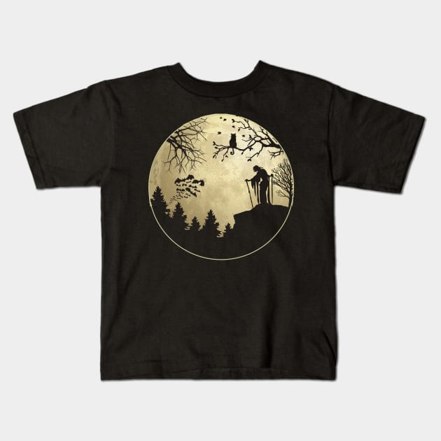 Halloween Night Full Moon Forest Trees Owl Witch Bats Kids T-Shirt by CoffeeandTeas